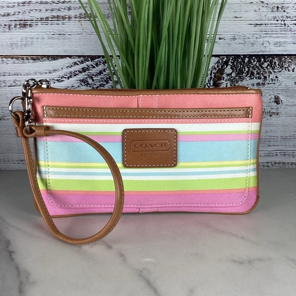 Coach Y2K Hampton Multicolor Stripe Wristlet bag Canvas Leather guc - Picture 1 of 10